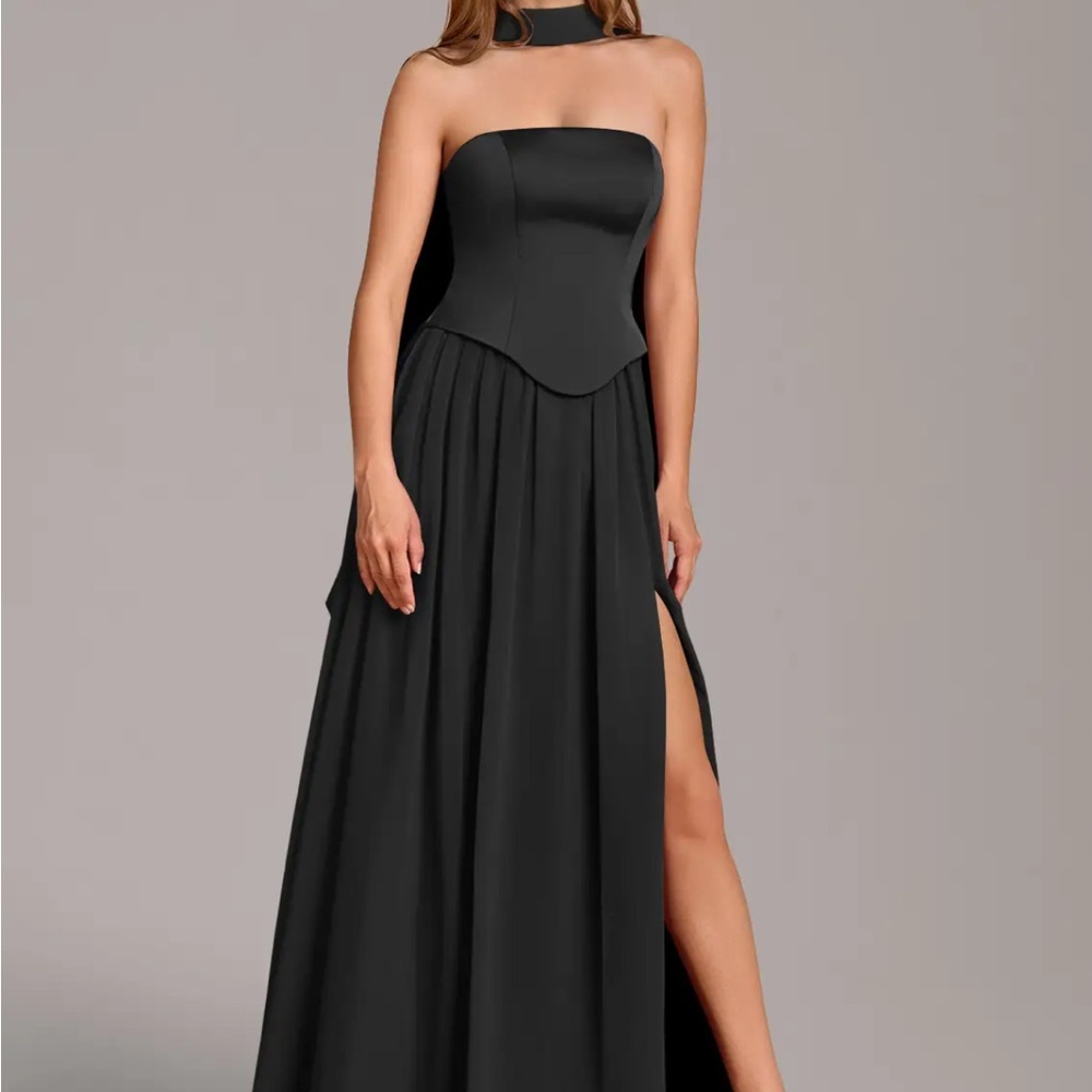 Azazie Cadence Black A-Line Corset Stretch Satin Convertible Dress